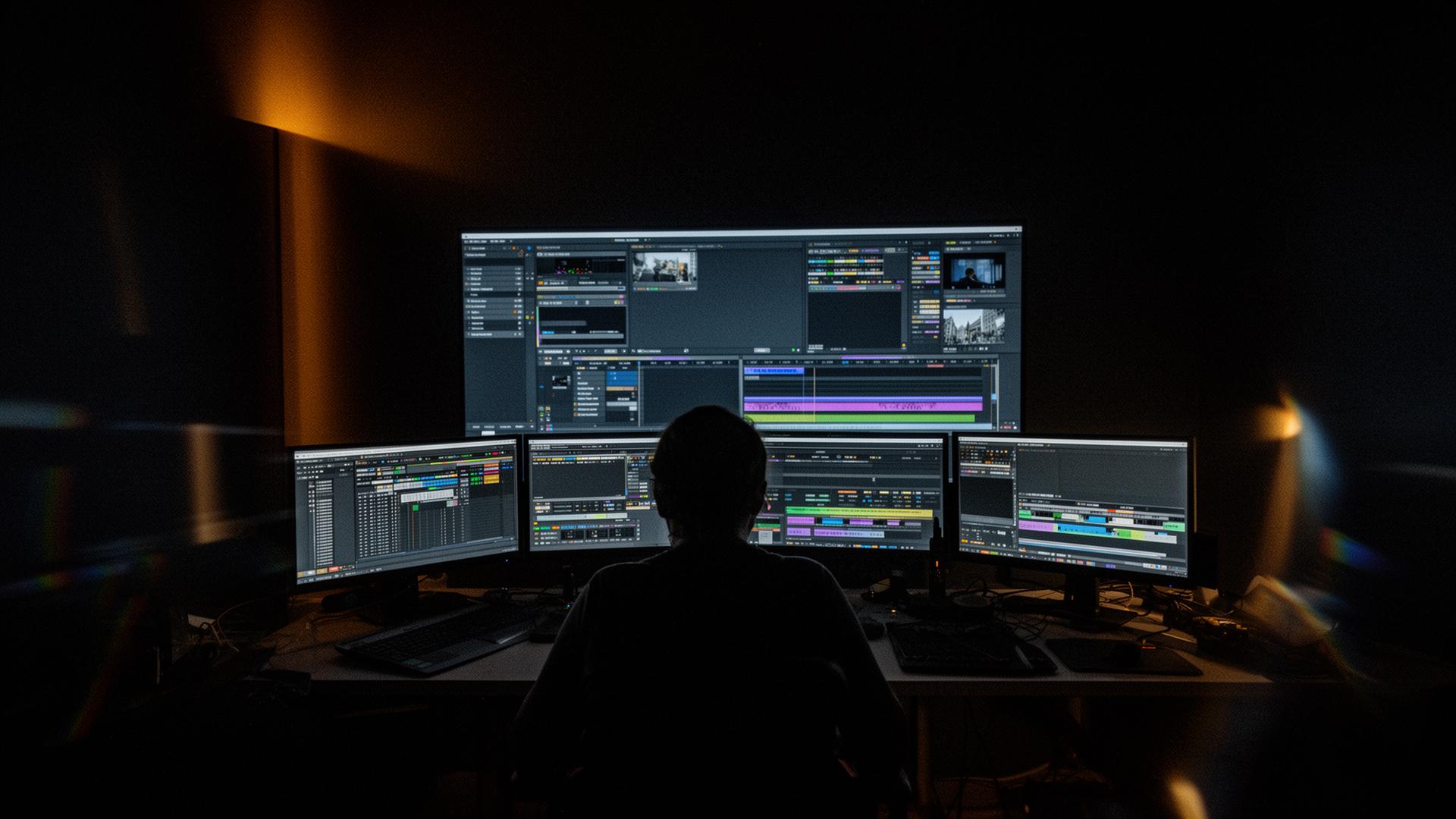 A colorist working inside a darkened finishing suite