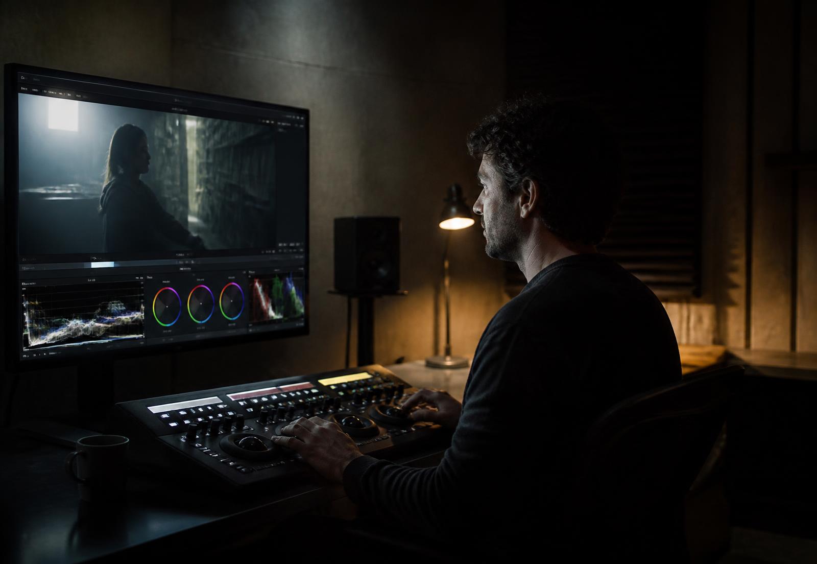 An artist at a calibrated station, monitors lighting the room